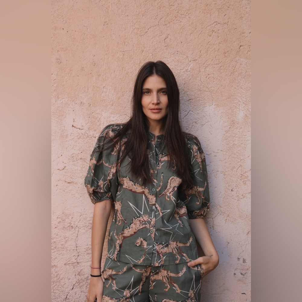 LAS SURENAS Balloon Shirt Leopard Stars Green